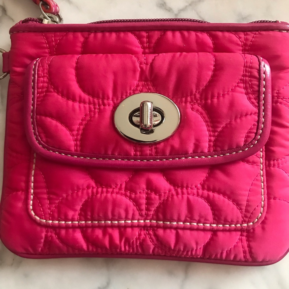 ‘Coach’ hot pink wristlet signature quilted fabric